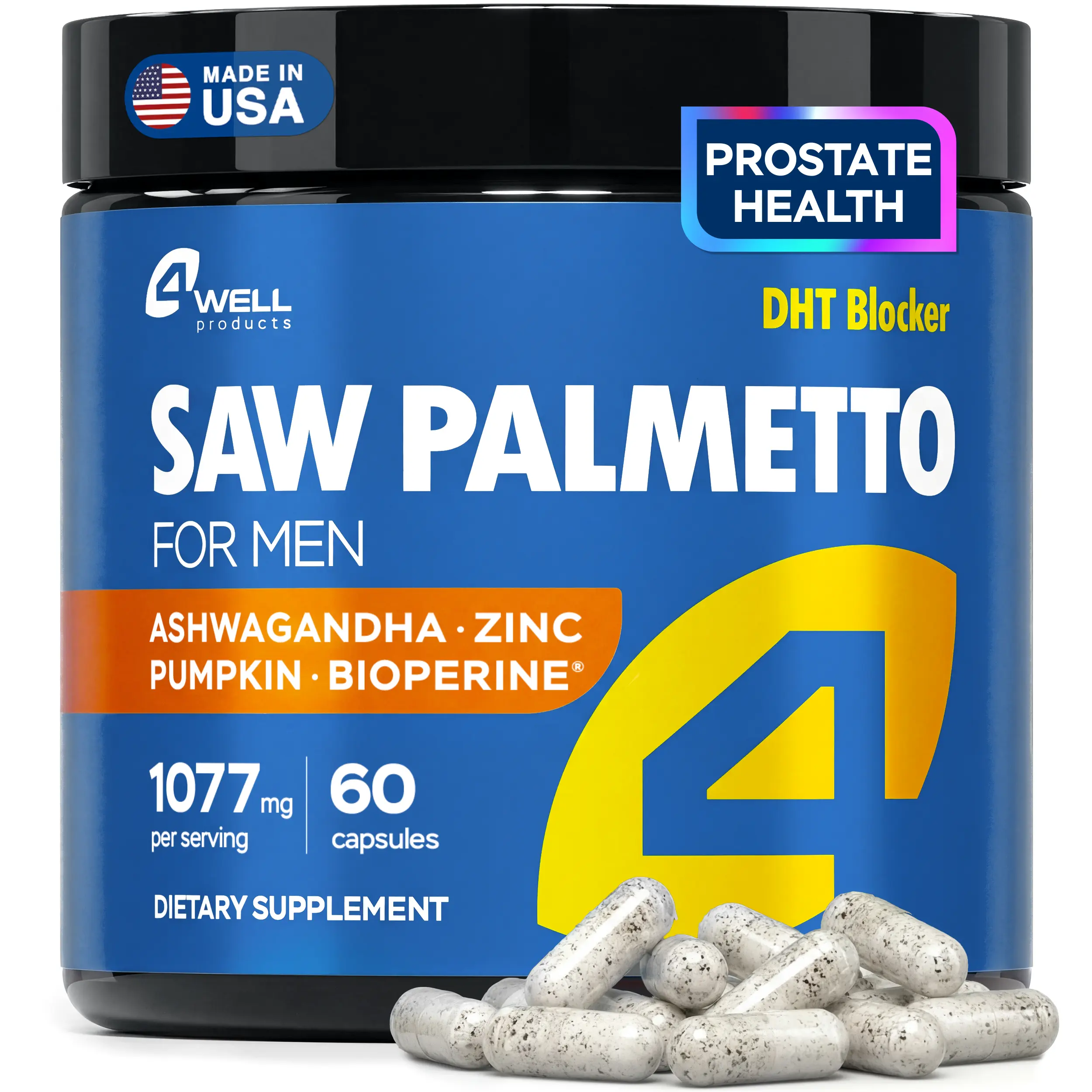 4Well Saw Palmetto for Men 900mg - High-Dose Natural Dietary Health Blend with Ashwagandha to Support Prostate and Urinary Function & Promote Hair Growth - Edible Organic Healthcare Supplement for Men