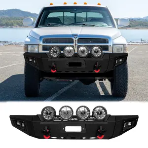 TIOYAR Steel Front Bumper for 1994-2001 Dodge Ram 1500 & 1994-2002 Ram 2500/3500 with Winch Plate Round Lights & 2 D-Rings for Off-Road Performance