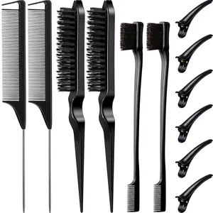 12 Pieces Nylon Brushes Including 3 Row Salon Teasing Brushes, Double Sided Edge Brush, Rat Tail Combs, Duckbill Clips for Women Girls - Black