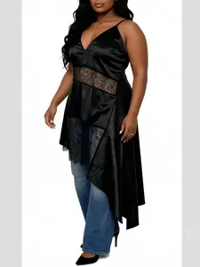 Plus Size Elegant Satin Patchwork Lace Halter Dress, Asymmetrical Hem Design, Fashionable Midi Skirt, Loose-Fitting Style