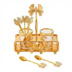 Elegant Rectangular Metal Frame with 2 Round Jars & 6 Butterfly Spoons, Home Decor, Crystal-Cut Clover Design for Vanity & Bathroom Storage Organiser