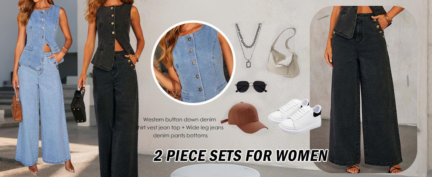 Chouyatou Women Y2K Denim 2 Piece Outfits Button Sleeveless Jean Vest Top Wide Leg Palazzo Jeans Matching Set