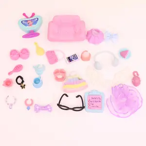 25 Pcs Miniature Accessories Set for Mini Toy Pets – Shoes,Hangers, dressing table,comb, food, skirts, collar, necklace, Jacket etc for Shorthair Cat, Collie, Dachshund, Cocker Spaniel & Cow Figures