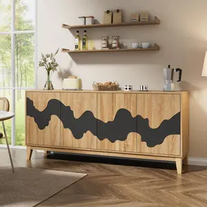 【Summervibes】UEV Modern Sideboard Buffet Cabinet 63" with Brown Water Stream Pattern, Large Capacity Storage for Kitchen, Dining Room, Living Room, Press-to-Open Design, Adjustable Shelves
