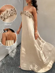 Summer Floral Embroidered Woven Cami Dress, Beautiful Ladies Sleeveless Loose Fit Maxi Dress for Casual Events, Perfect Summer Embroidery Aesthetic Dress for Women