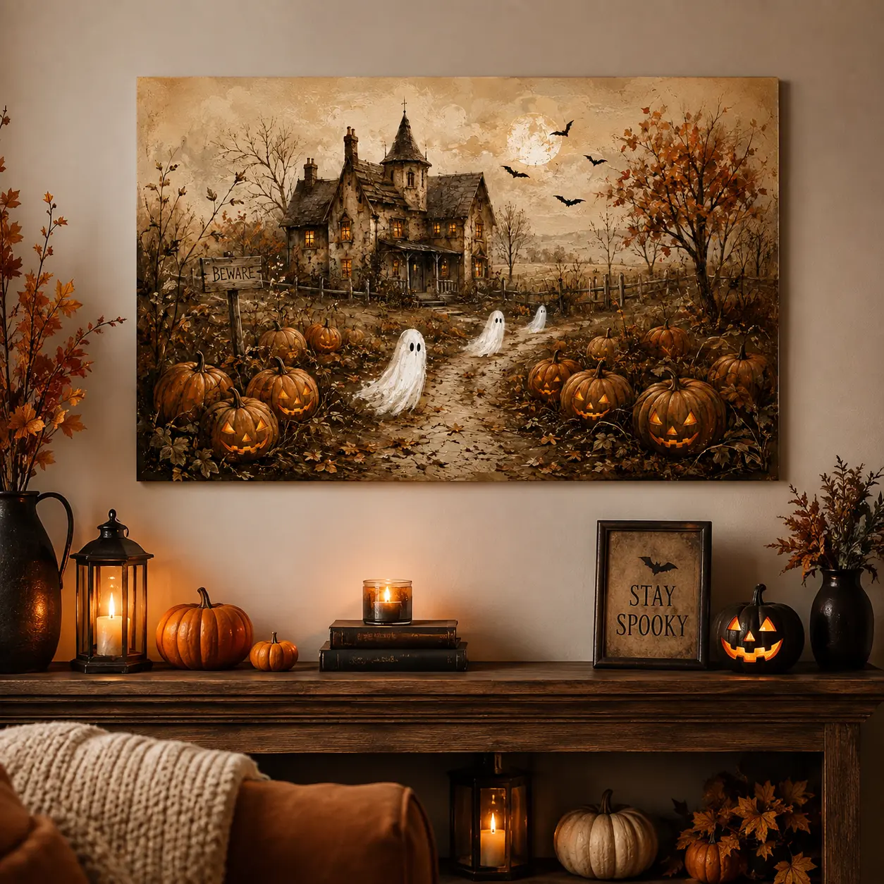 Cute Ghost Haunted Farmhouse Poster, Vintage Pumpkin Patch Halloween Wall Art, Country Cottage Autumn Landscape Print, Spooky Jack O Lantern Decor for Living Room Entryway
