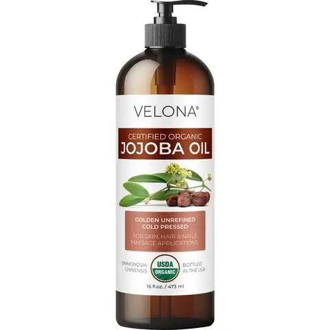 Velona USDA Certified Organic Jojoba Oil - 16 oz (with Pump) | 100% Pure, Natural, Golden, Unrefined, Cold-Pressed, Hexane-Free Nourishing Hydrating Body & Massage Oil, Adults' Body Care Moisturizer for Acne Care
