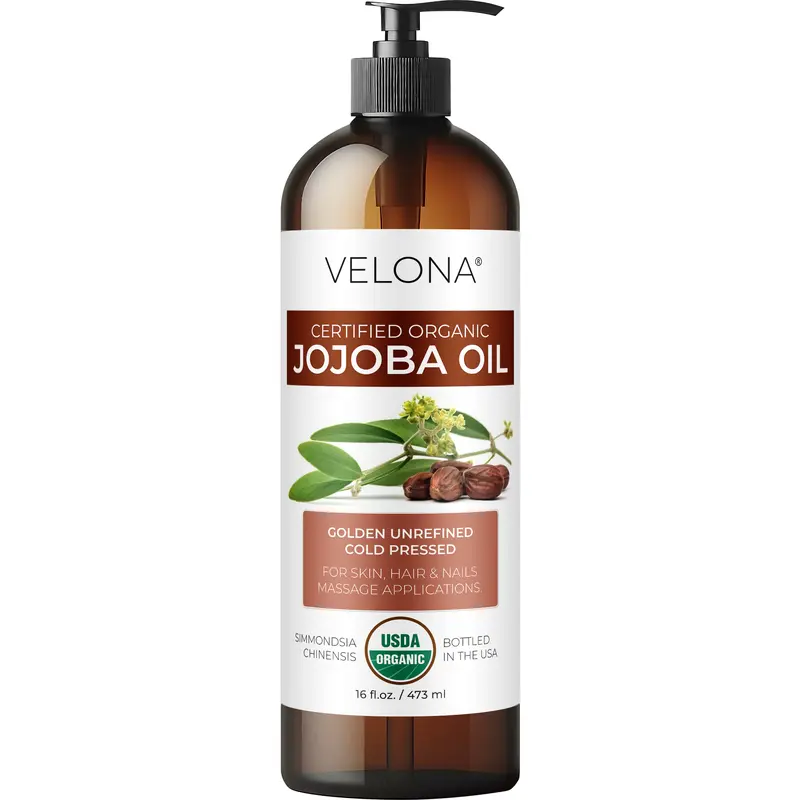 Velona USDA Certified Organic Jojoba Oil - 16 oz (with Pump) | 100% Pure, Natural, Golden, Unrefined, Cold-Pressed, Hexane-Free Nourishing Hydrating Body & Massage Oil, Adults' Body Care Moisturizer for Acne Care