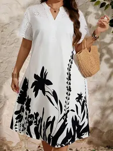 Plus Size Floral Summer Dress | Eyelet Embroidery Patchwork Dress | Vacation & Boho Style