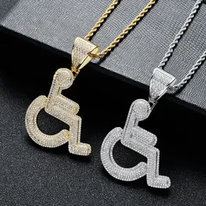 Luxury Shiny Wheelchair Pendant Hip Hop Jewelry Set Lab Stone Paved Disability Symbol Necklace Metallic Finish Bling Bling Charm Pendant High Quality Street Fashion