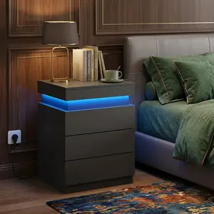 3 Drawer Nightstand with LED Light & Charging Station, Sliding Top Bedside End Table Hidden Storage Cabinet Multifunctional Space Saving Side Table for Bedroom Living Room Home Decor Accent Furniture