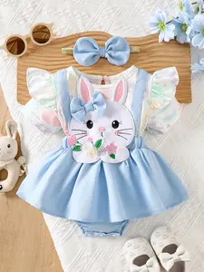 Baby Girl Bunny Romper Dress Set, Fresh Blue Color Egg Print Design, Fluffy Princess Skirt Style, Daily Cute for Easter