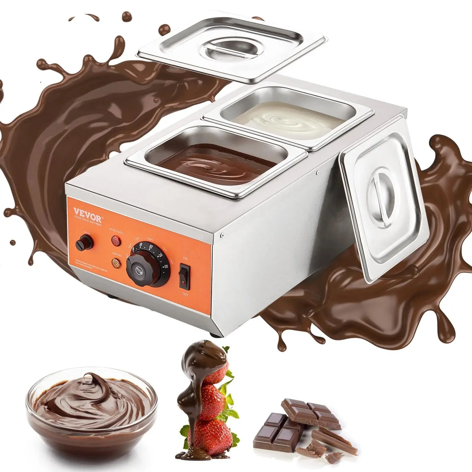 【toolupgrade】VEVOR Commercial Chocolate Tempering Machine, 9 Lbs 2 Detachable Pots (Cream+Choc Split) with TEMP Control (86-185℉), 800W Stainless Steel Electric Food Warmer with Dust Cover & Water Level Guard, Detachable Pots Simplify Cleaning, Chocolate