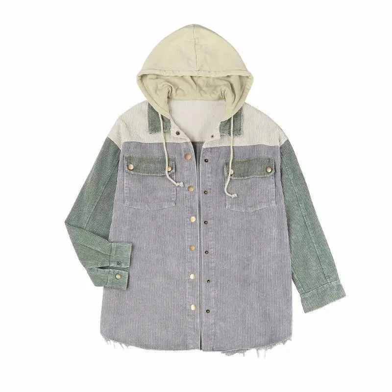 Autumn and Winter New Color Matching Button-up Hooded Corduroy Single-breasted Long-sleeved Jacket for Women Women's Long Sleeve Open Front Blazer Autumn and Winter New Color Matching Button-up Hooded Corduroy Single-breasted Long-sleeved Jacket for Women Women's Long Sleeve Open Front Blazer