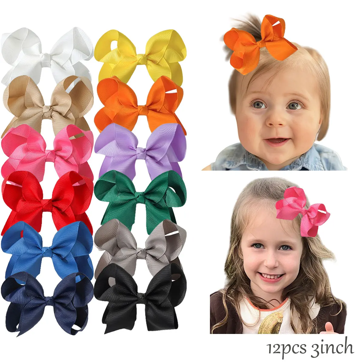Summervibes JoyBowie 12-Piece 3-inch Plain Solid Color Hair Bows for Toddlers - Fashion Hair Styling Accessories, Kids' Hairpins
