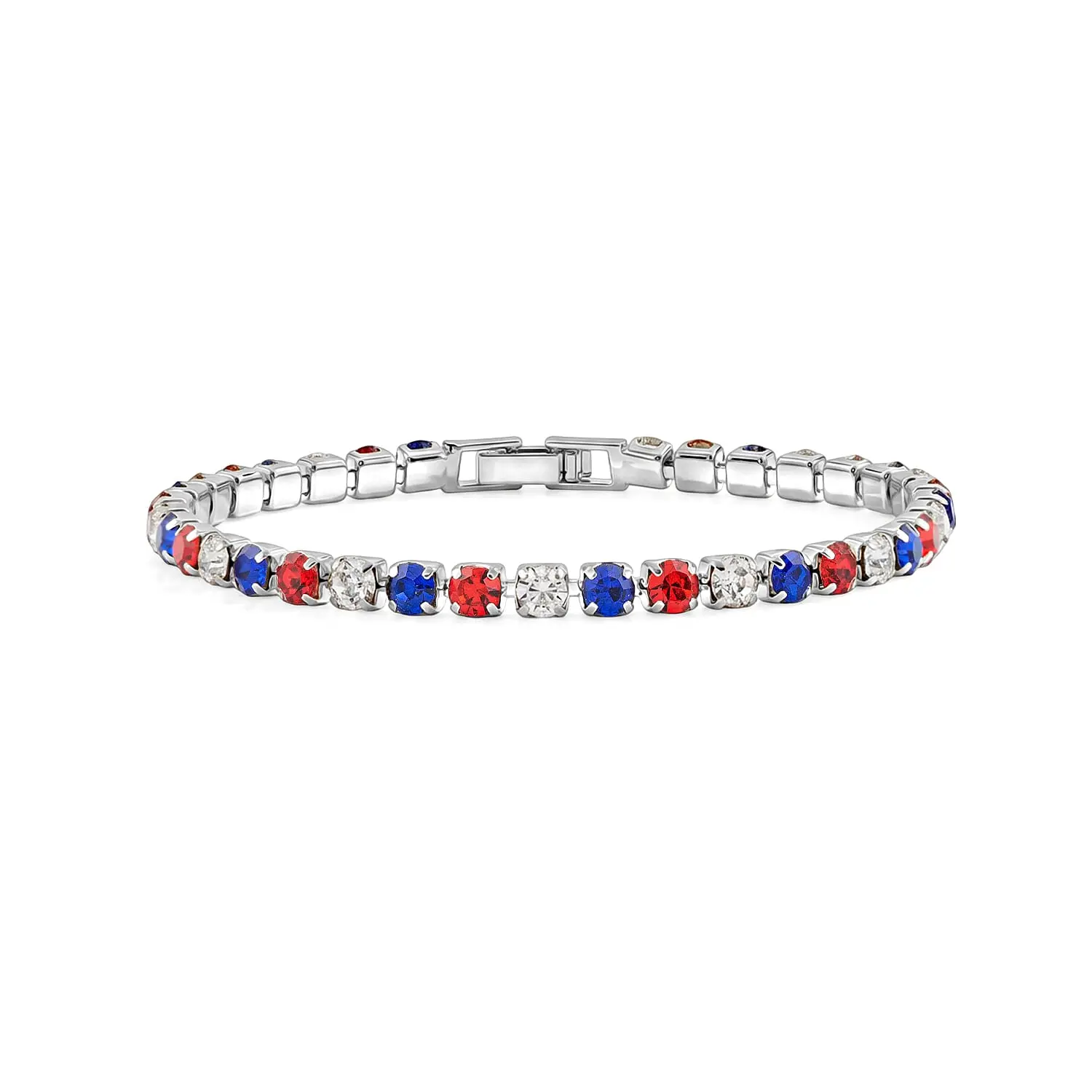 Multi Color Austrian Crystal USA Flag Pattern Bracelet in Silvertone (7.25 In)