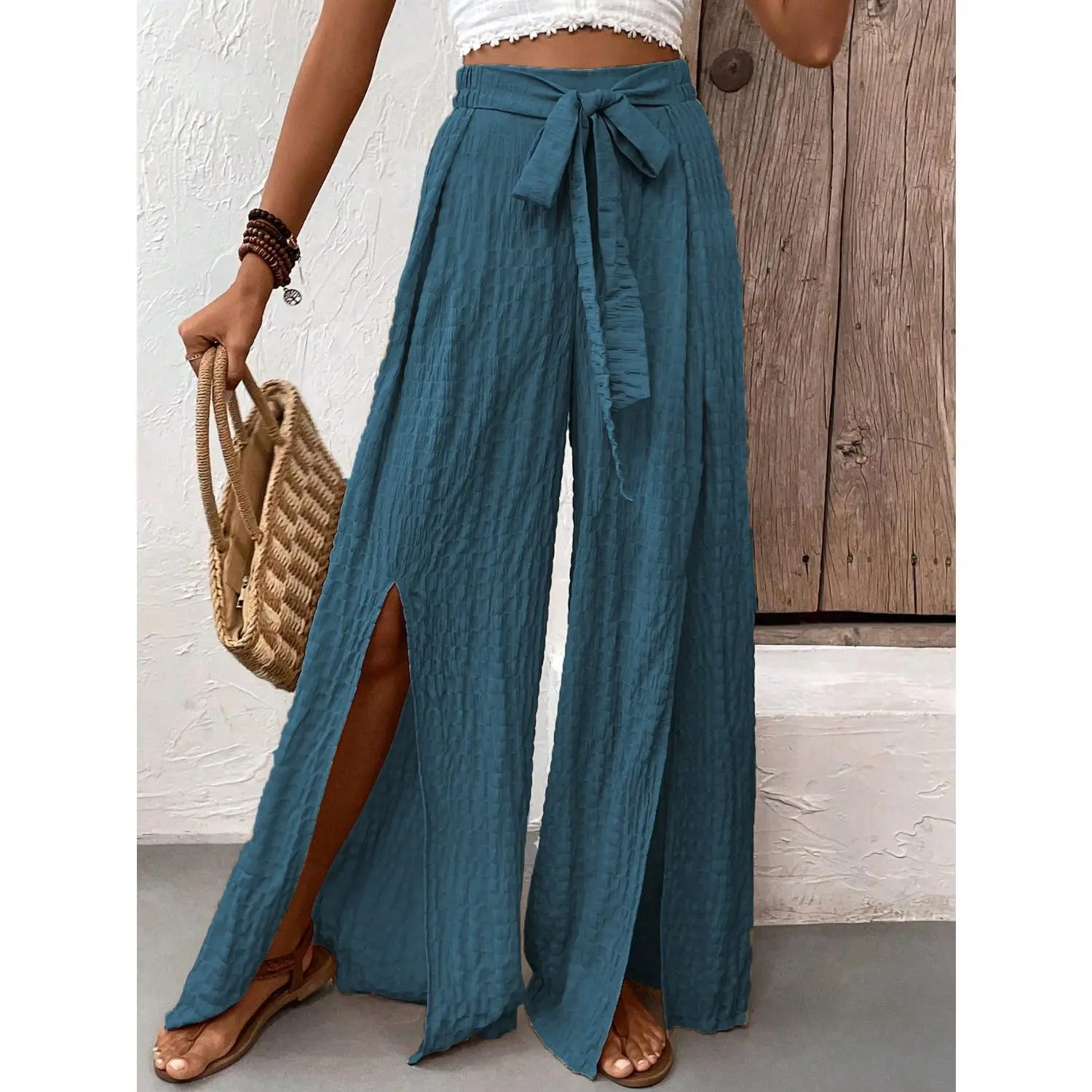 Honey Tied Slit Wide Leg Pants