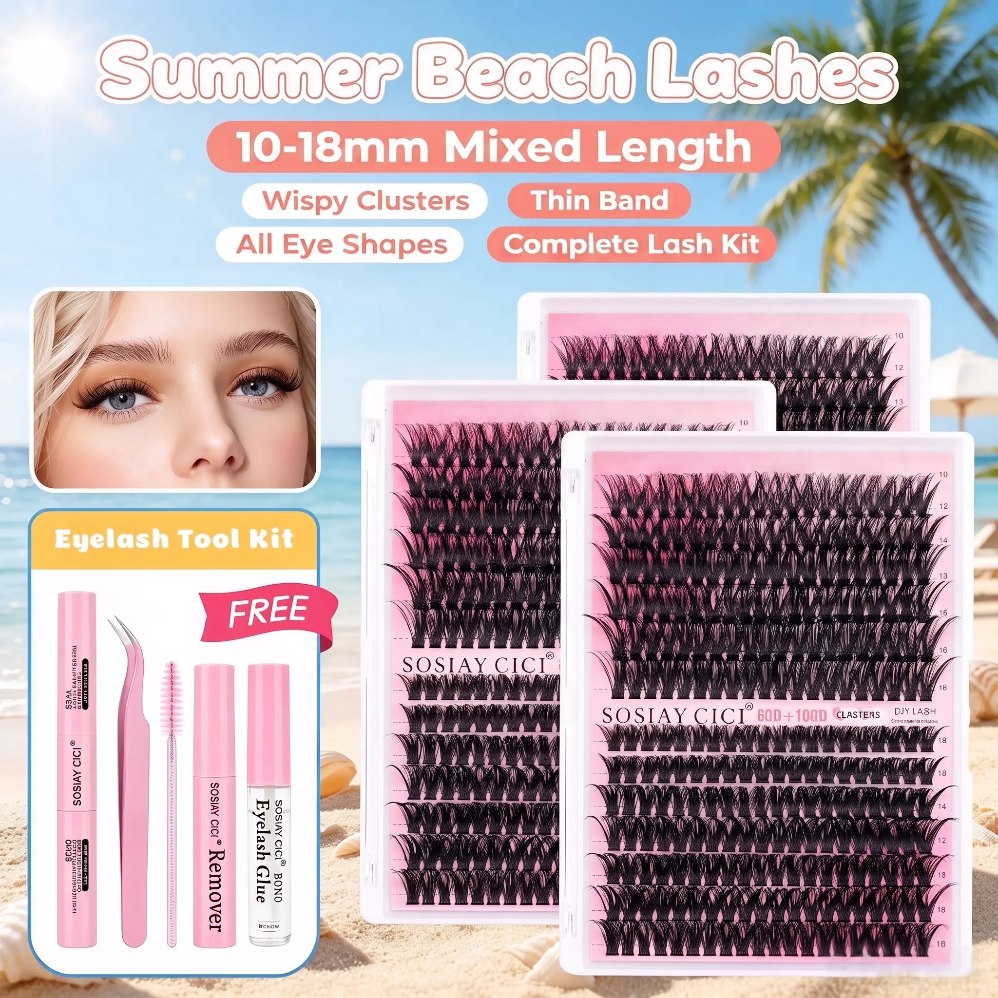 SOSIAYCICI DIY Individual Eyelash Extension Kit, Thick Volume Fluffy Lash Clusters 80D+100D D Curvature, 280 Pieces Thin Band Soft Cluster Lashes with Waterproof Bond and Seal Gentle Remover Tweezers and Brush Makeup Cosmetic