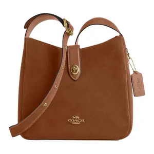 COACH Hadley 25 Suede Crossbody Bag for Women – Metallic Logo, Medium Size, Brown