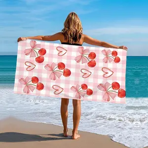 Pink Gingham Background Cherry with Bow and Heart Print Beach Towel, Sweet Romantic Pattern for Summer Beach Use