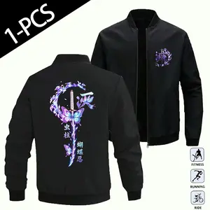 Demon Slayer Insect Hashira Shinobu Kocho Purple Butterfly Water Ring Anime Printed Black Stand Collar Zipper Baseball Jacket Loose Fit Versatile Daily Sports Commuting Casual Long Sleeve Outerwear
