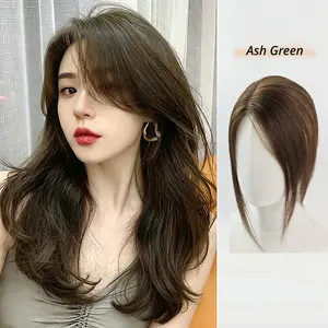 Smoky Ash Green Real Human Hair Bangs Topper – Volumizing High Root Lift Cover Gray Lightweight Invisible Natural Look Top Piece for Women
