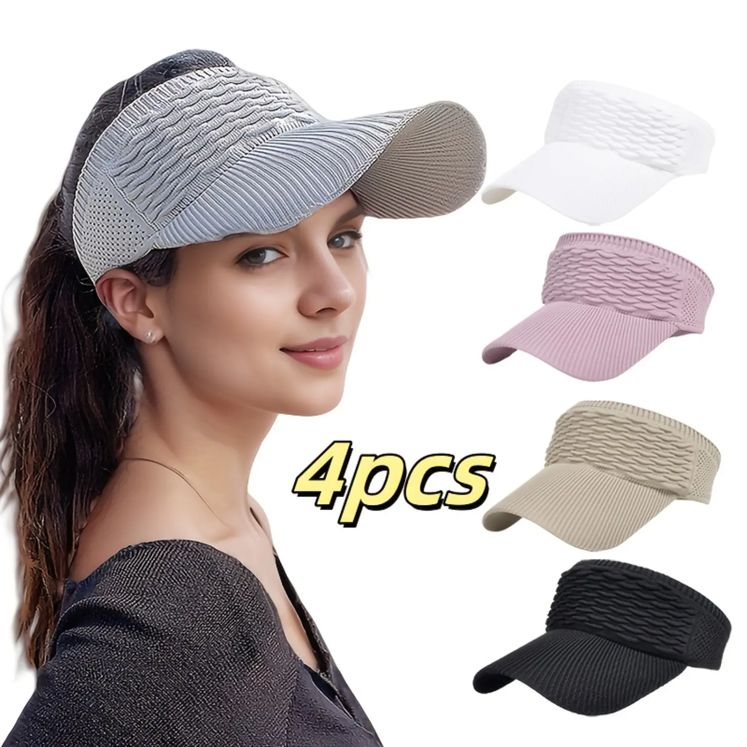 Women's 4-Piece Acrylic Knitted Empty Top Visor Sport Style Hats - Lightweight, Solid Color, Pull-On, Machine Washable, Stretchy for Summer Outdoor Sports, Sport Style Hat