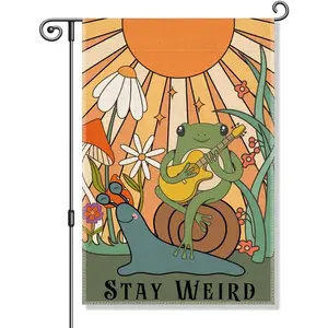 Stay Weird Retro Garden Flag, Snail and Frog Outdoor Banner, Funny Welcome Yard Holiday Farmhouse Patio Porch Lawn Outdoor Decor, Cute Frog Playing Guitar Flags, Housewarming Flag Gifts