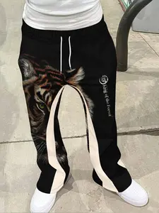 Men's Loose Fit 3D Tiger Head Print Bell Bottom Pants, Casual Sporty Streetwear, Hip Hop Vintage Long Pants for All Seasons