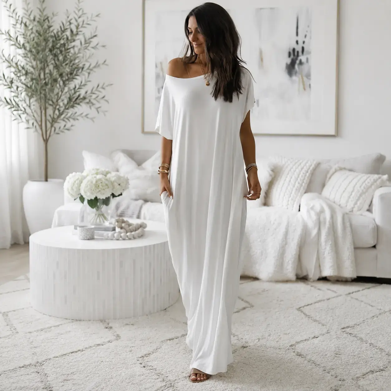 Women's Baggy Batwing Sleeve Maxi Dress, Casual Plain Loungewear with Pockets for All Seasons, Nightwear, Casual Wear, Bat Wing Dress, Knitting, Pocketed, Long Length, Solid, All Over Print