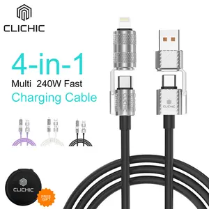 For iPhone17 CLICHIC 4-in-1 Multi USB Charging Cable with USB A,Type C,Lightning-MAX240W/60W Fast Charging & Data Sync for iPhone16/15,iPad Pro, fast charger usb cable 4-in-1 fast Breathing Light -max 1 usb-c data 4 1 charging cable，data sync cable