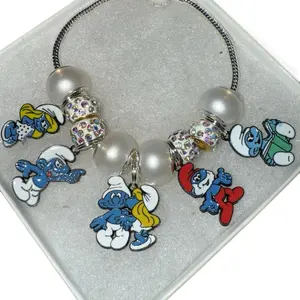 Charm Bracelet for Little Girls - Custom White, Silver & Blue Smurfs Design with Unique Beads and Charm