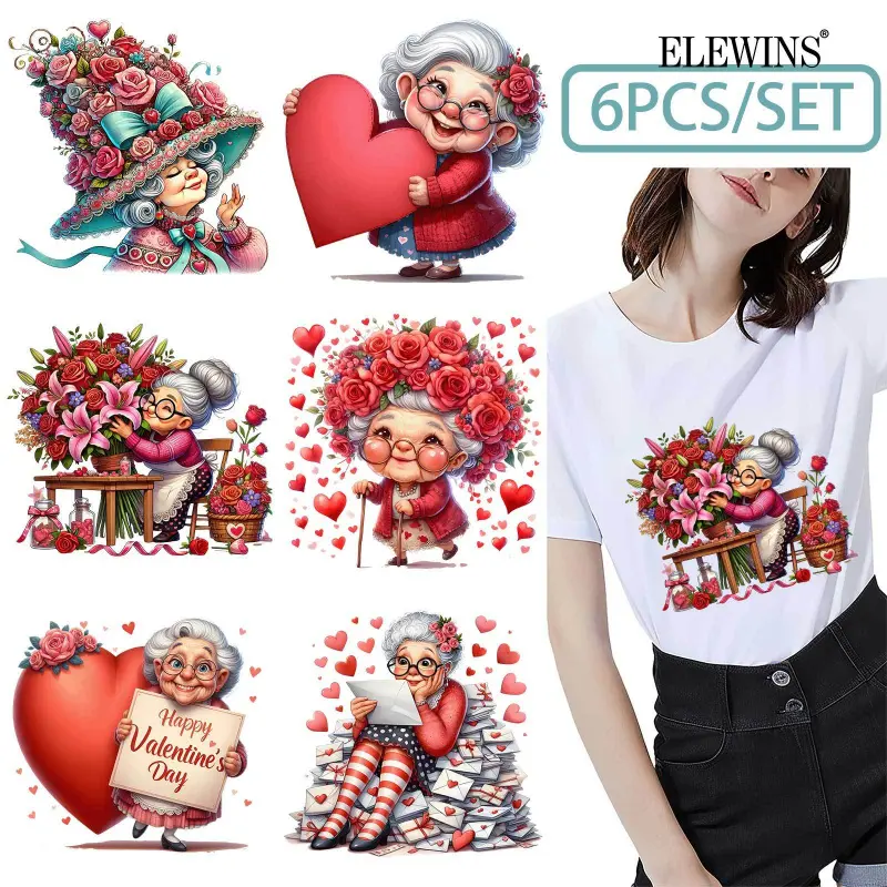 6 Pcs Valentine's Day Grandma Gold Transfer DTF Heat Transfer Vinyl for T Shirts Hoodies Jeans Backpack Pillow Washer Safe HTV for Men Women