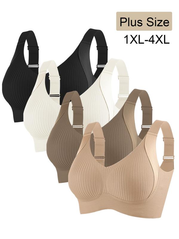 4 Pack Plus Size No Underwire Bras, Wireless Tank Bra, Soft Medium Support Wide Shoulder Straps, Casual Daily Comfort, Plain Pattern, Lined