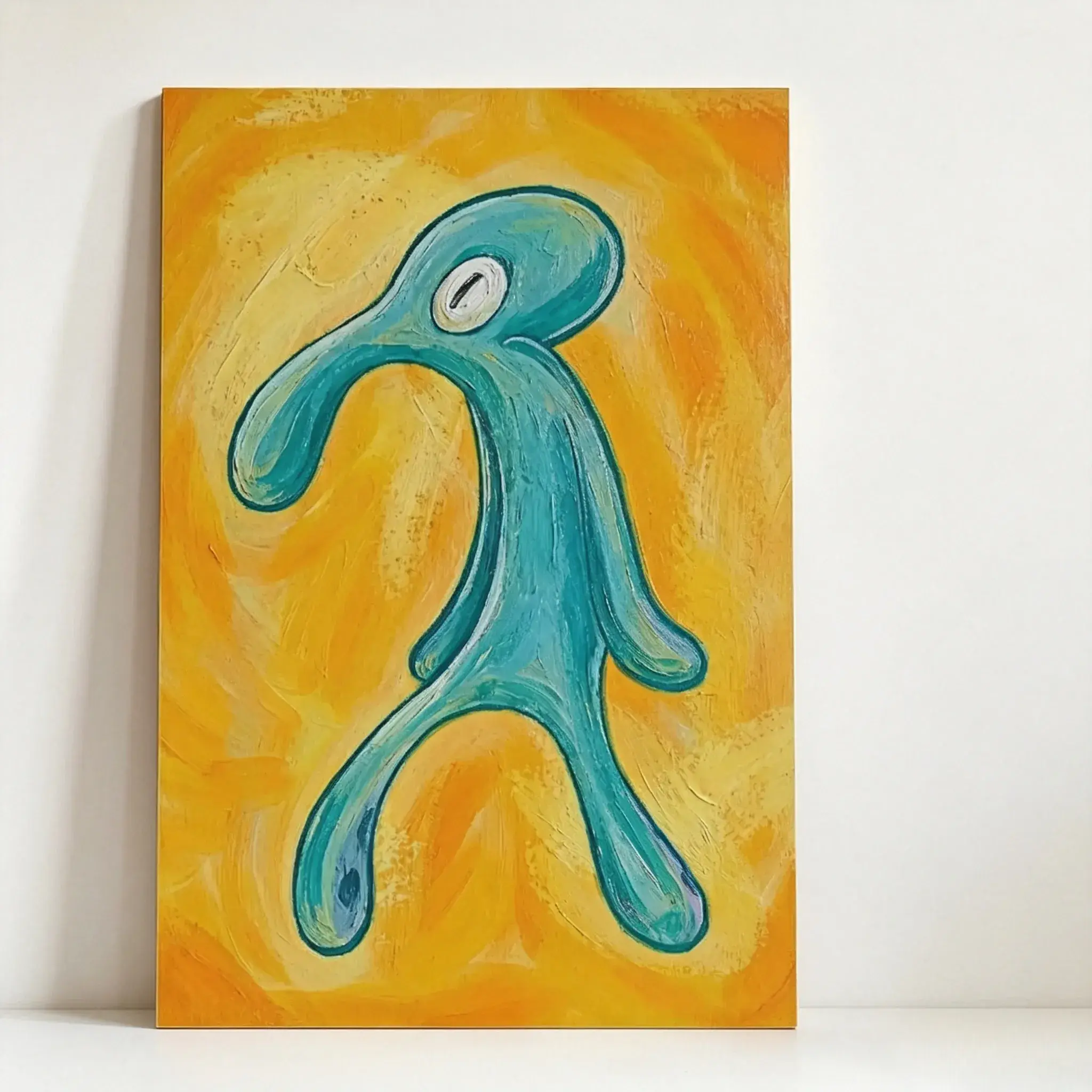 Wall Poster Prints Bold Squidward Distant Look Starry Yellow Background Oil Canvas Decor For Bedroom Dorm Apartment Waterproof Easy To Hang SpongeBob Funny Cartoon Fan Gift