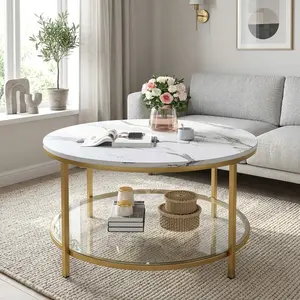 2 Tier Round Coffee Table Faux Marble Top Tempered Glass Shelf Modern Mid Century Center Cocktail Table Gold Black Metal Frame Waterproof Wooden Tabletop Storage Leisure Tea Table For Living Room Bedroom Balcony Patio Home Furniture