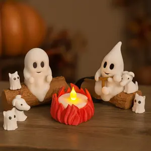 Campfire Ghost Figurines with Pets Cute Spooky Shelf Decor 3D Printed Halloween Diorama Miniature Scene for Desk Bookshelf Cozy Fall Decor Kawaii Halloween Statue