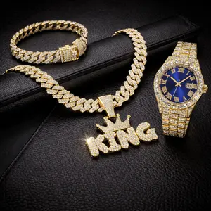 Men's Rhinestone Bling Watch & Jewelry Set | Red Dial Iced Out Watch with KING Pendant Cuban Necklace & Bracelet, Hip Hop Style