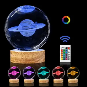 3.15in K9 3D Saturn Crystal Ball Night Light - 16-  Changing Glass Sphere Lamp with Wooden Base, Remote Control - Novelty Planet Gift for Kids