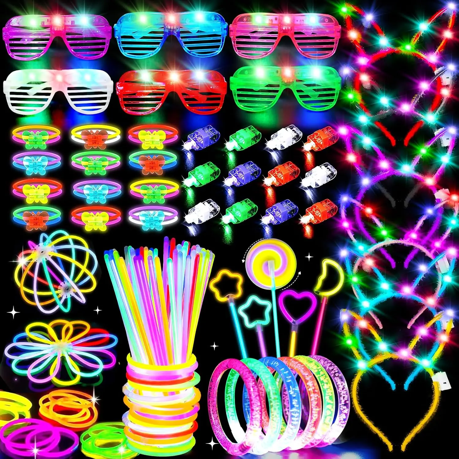 156Pcs Glow In The Dark Party Supplies for Kids & Adult Neon Accessories | 100 Glow Sticks, Light Up Glasses, Headbands, Bracelets DIY Necklaces Wand for Birthday, Halloween, Neon Party Decorations