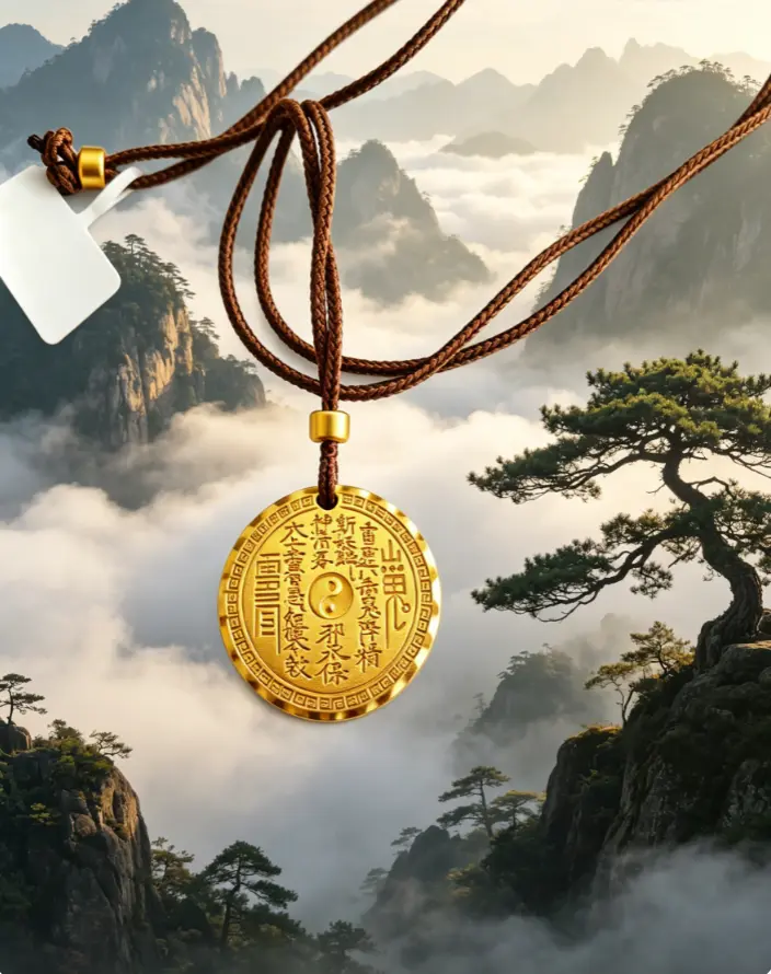 18K Gold Plated Taoist Bagua Pendant, Vintage Shan Gui Amulet Necklace