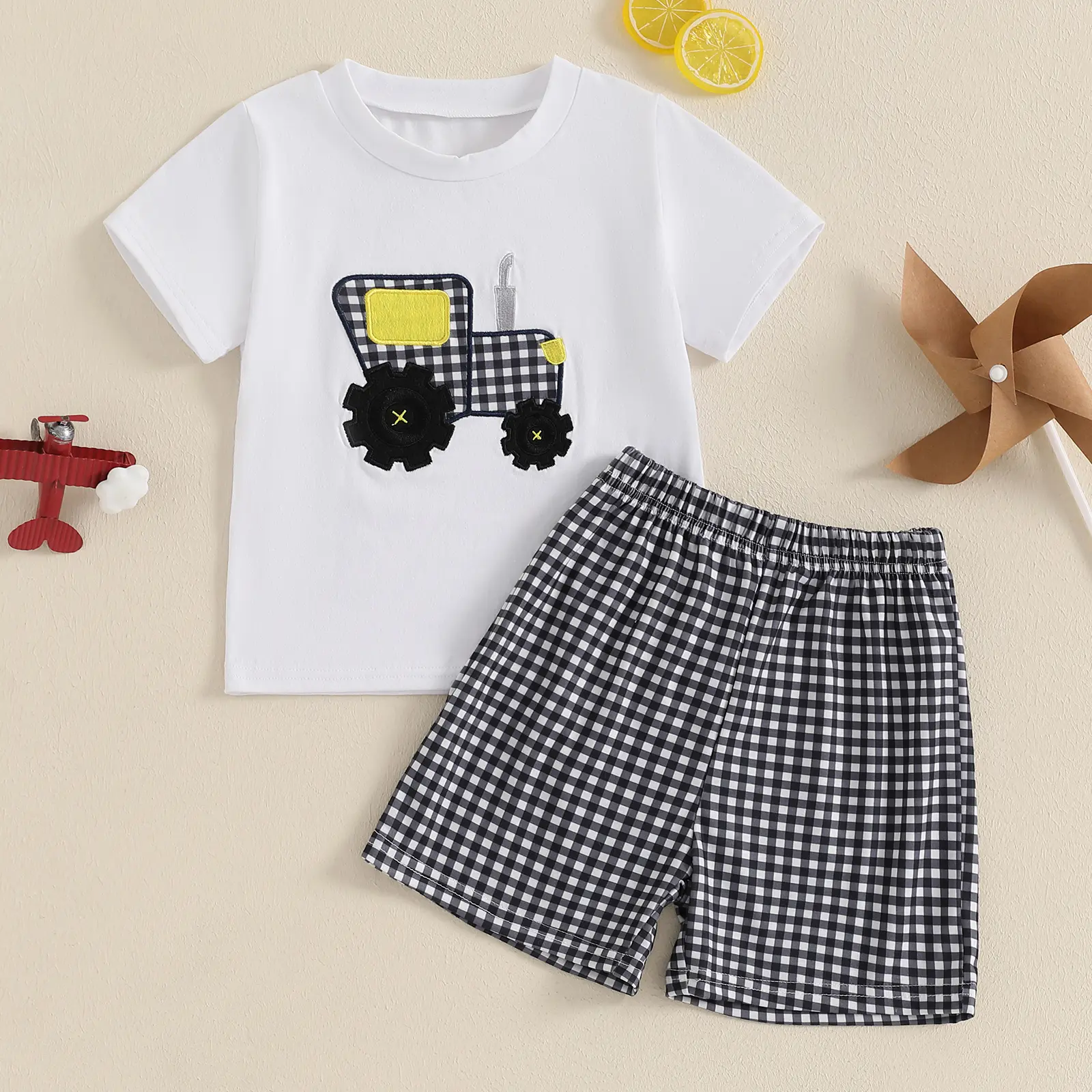 Baby Toddler Boy Shorts Set Tractor Embroidery Short Sleeve T-shirt Plaid Shorts 2 Pcs Summer Outfit