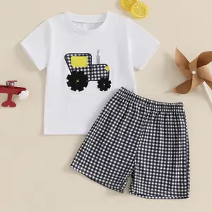 Baby Toddler Boy Shorts Set Tractor Embroidery Short Sleeve T-shirt Plaid Shorts 2 Pcs Summer Outfit