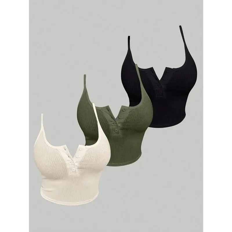 Women's Knit Polyester Tank Tops Set - 3pcs Set with Button Detail, Casual Solid Color, 95% Polyester 5% Elastane, All-Season Spaghetti Strap Tops tank tops tube tops western outfits women babydoll tops crop tops shoulder top