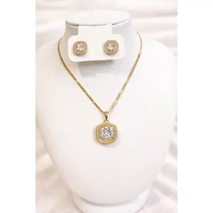 14K Gold Plated 18” Fígaro Cushion Cut CZ Necklace & Stud Earring Set