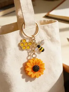 1pc Sunflower Bee Hive Keychain  Enamel Sunflower Bee Honeycomb Keychain Bag Charm Teacher's Day Gift,Back to School Gift