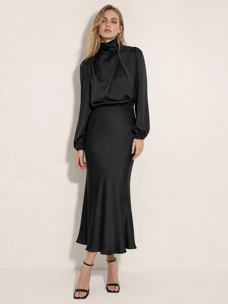 Women's Formal Long-Sleeve Turtleneck Midi Dress - Chic, Feminine, Soft, Comfortable, Lantern Cuffs, Elastic Waistband, Tailored Flared Hem, Spliced Silhouette for Casual Occasions
