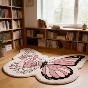Flower butterfly shaped carpet, pink white contrasting color plush floor mat, bedroom study anti slip and wear-resistant foot mat, gentle and healing atmosphere decorative mat, Decorative Area Rug suitable for ins style/rural fresh home decoration