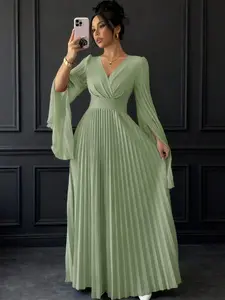 V-Neck Pleated Open Sleeve Elegant Romantic Women Dress Maxi Women Outfit Fall Cloth For Women