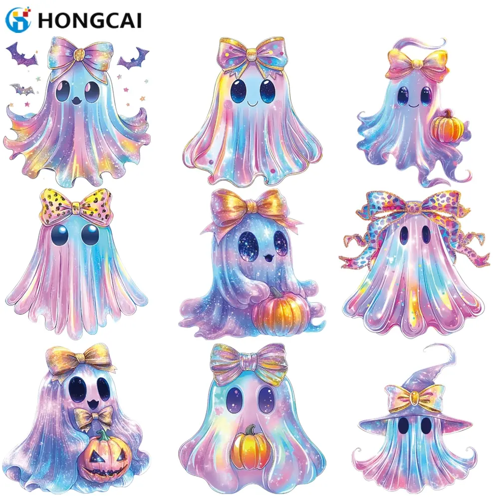 9-Piece Halloween Ghost Pumpkin Iron-On Vinyl Funny Stickers, Decal Sticker, Cute Big Eye Bow Tie Design, DIY Decorations for T-Shirts, Hoodies, Bags